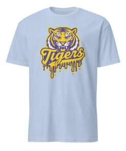 Tigers Mascot Drip Purple Yellow Gold Shirt 19 Tigers Mascot Drip Purple Yellow Gold Shirt on light blue background for sports fans and fashion lovers