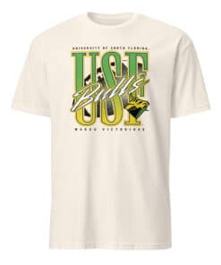 USF Bulls Football Match Victorious Neon Retro Shirt 15 Natural color USF Bulls Football Victorious Neon Retro Shirt with green and gold vintage-style graphics for college football fans