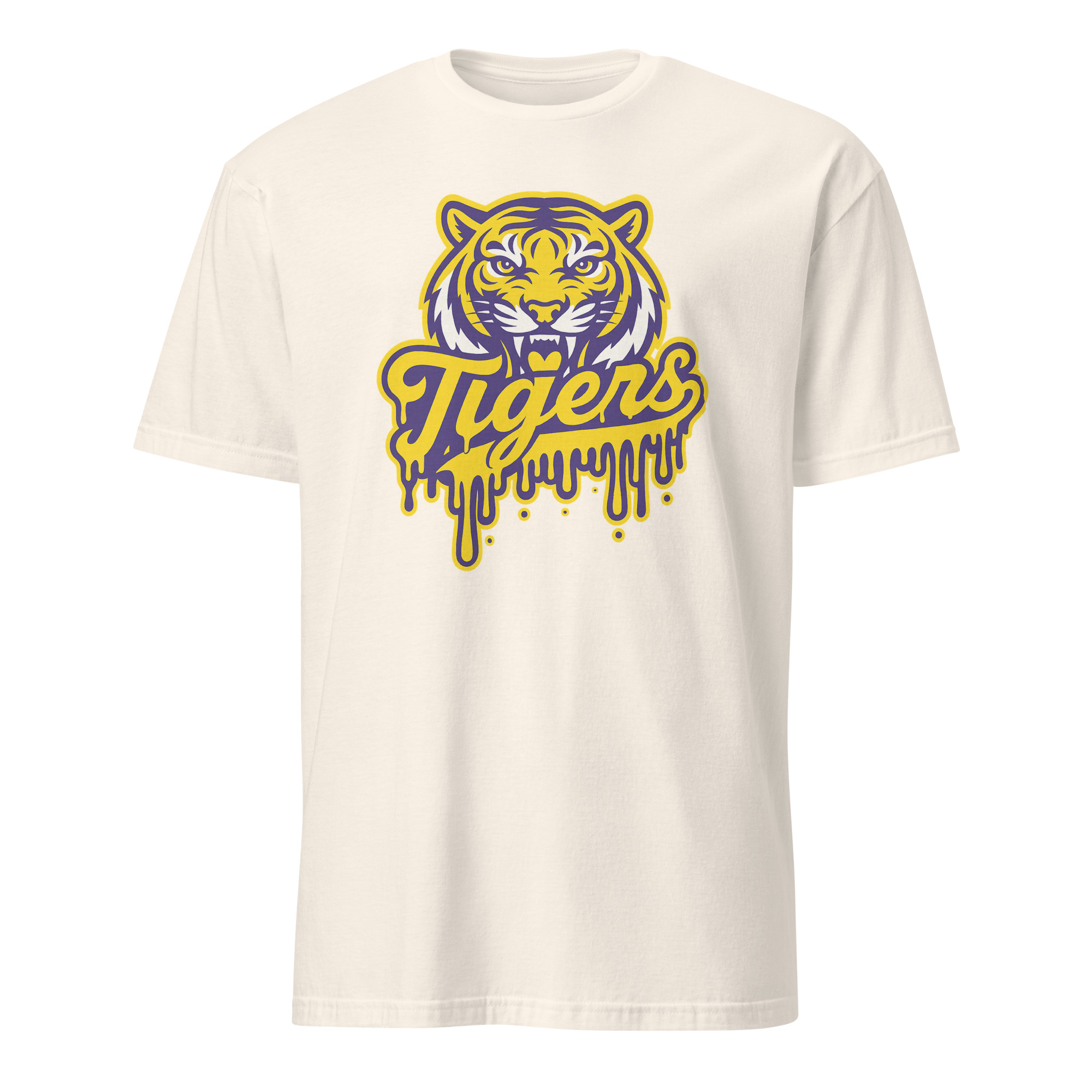 Tigers Mascot Drip Purple Yellow Gold Shirt 11 Tigers Mascot Drip Purple Yellow Gold Shirt on natural background for school spirit and fashion style