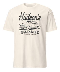 Doc Hudson Garage Radiator Springs Shirt 14 Doc Hudson Garage Radiator Springs Shirt in natural color – Pixar Cars retro collectible tee