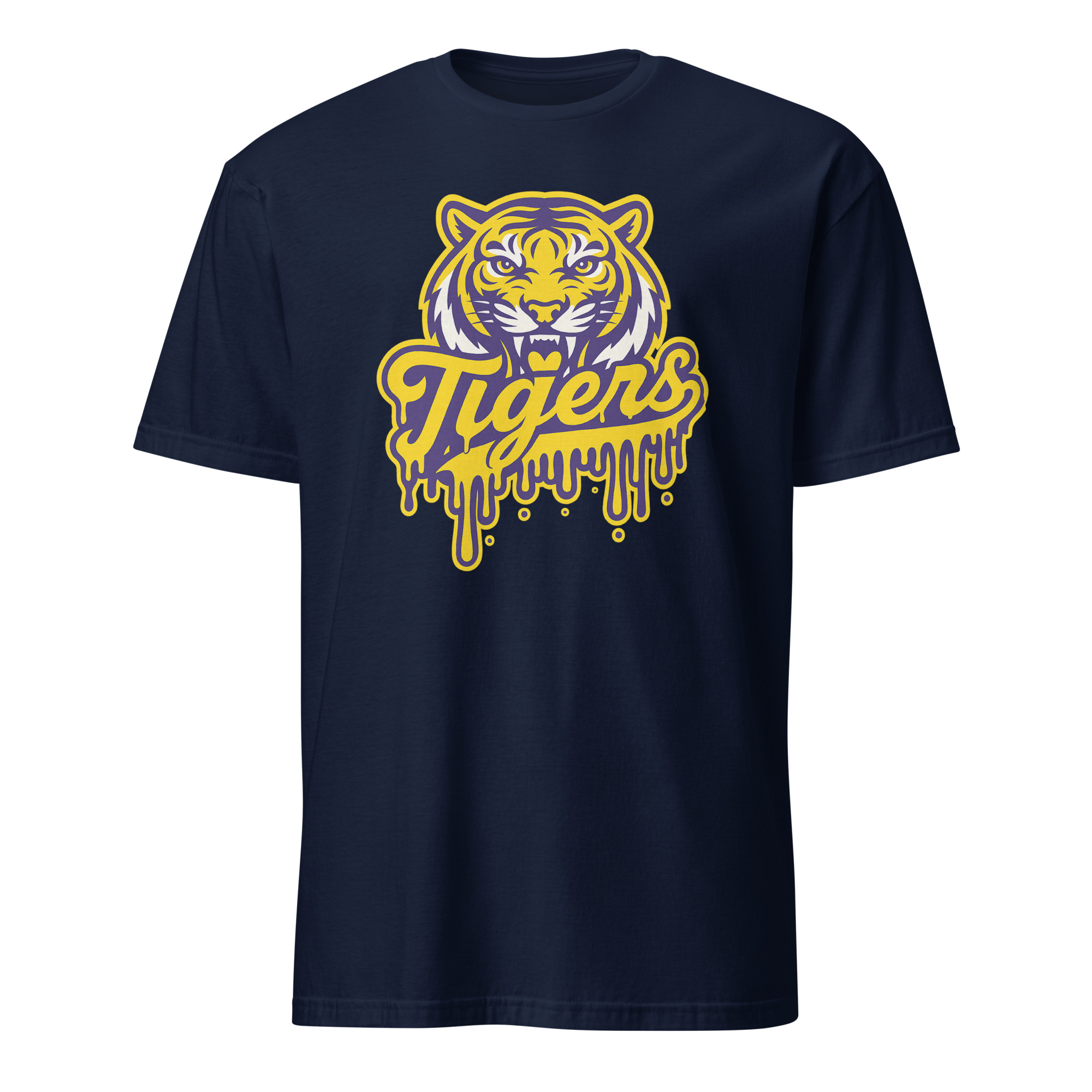 Tigers Mascot Drip Purple Yellow Gold Shirt 2 Tigers Mascot Drip Purple Yellow Gold Shirt on navy background for school spirit and fashion