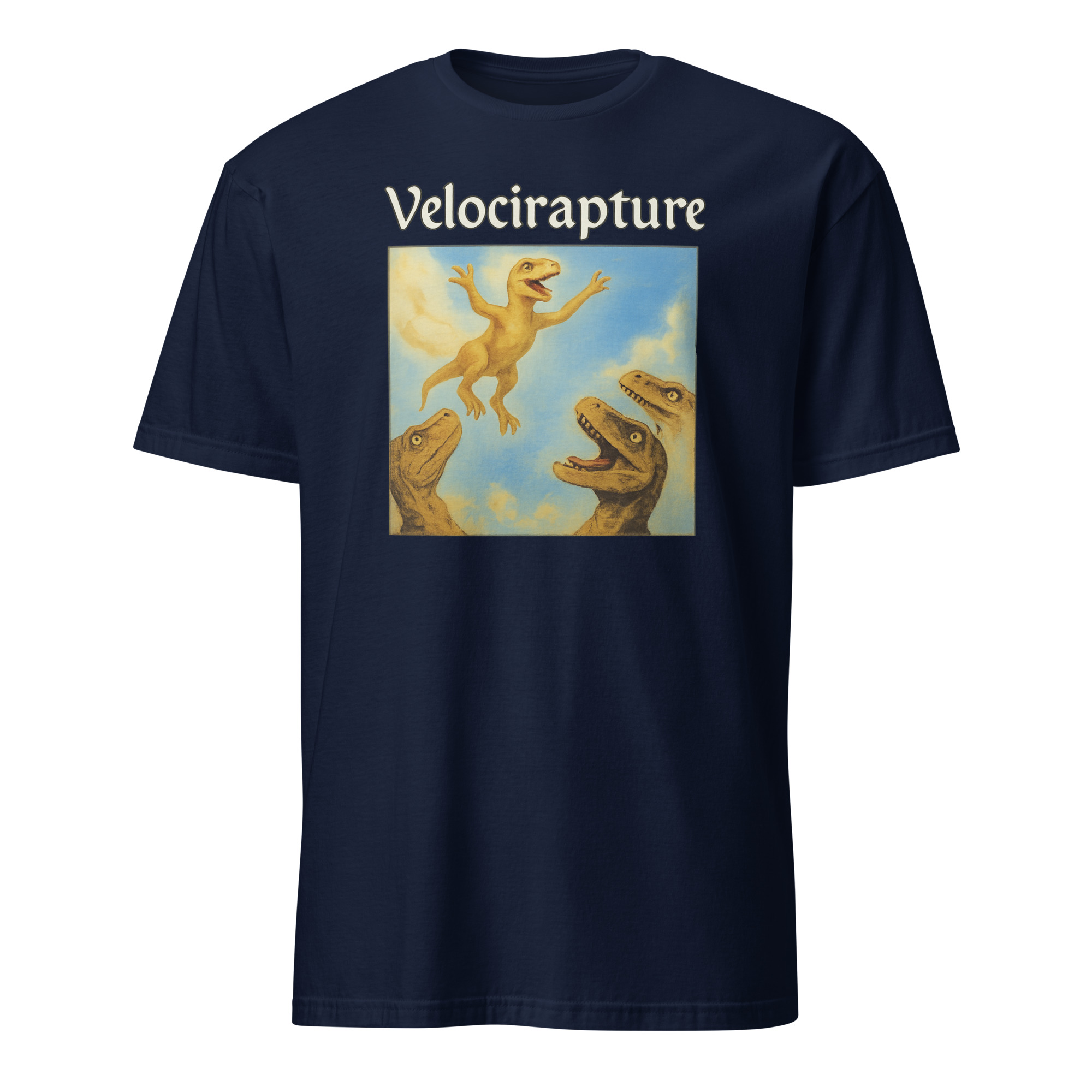 velocirapture shirt 2 Velocirapture Shirt in navy – funny dinosaur pun tee mixing raptors and theology with a meme graphic design