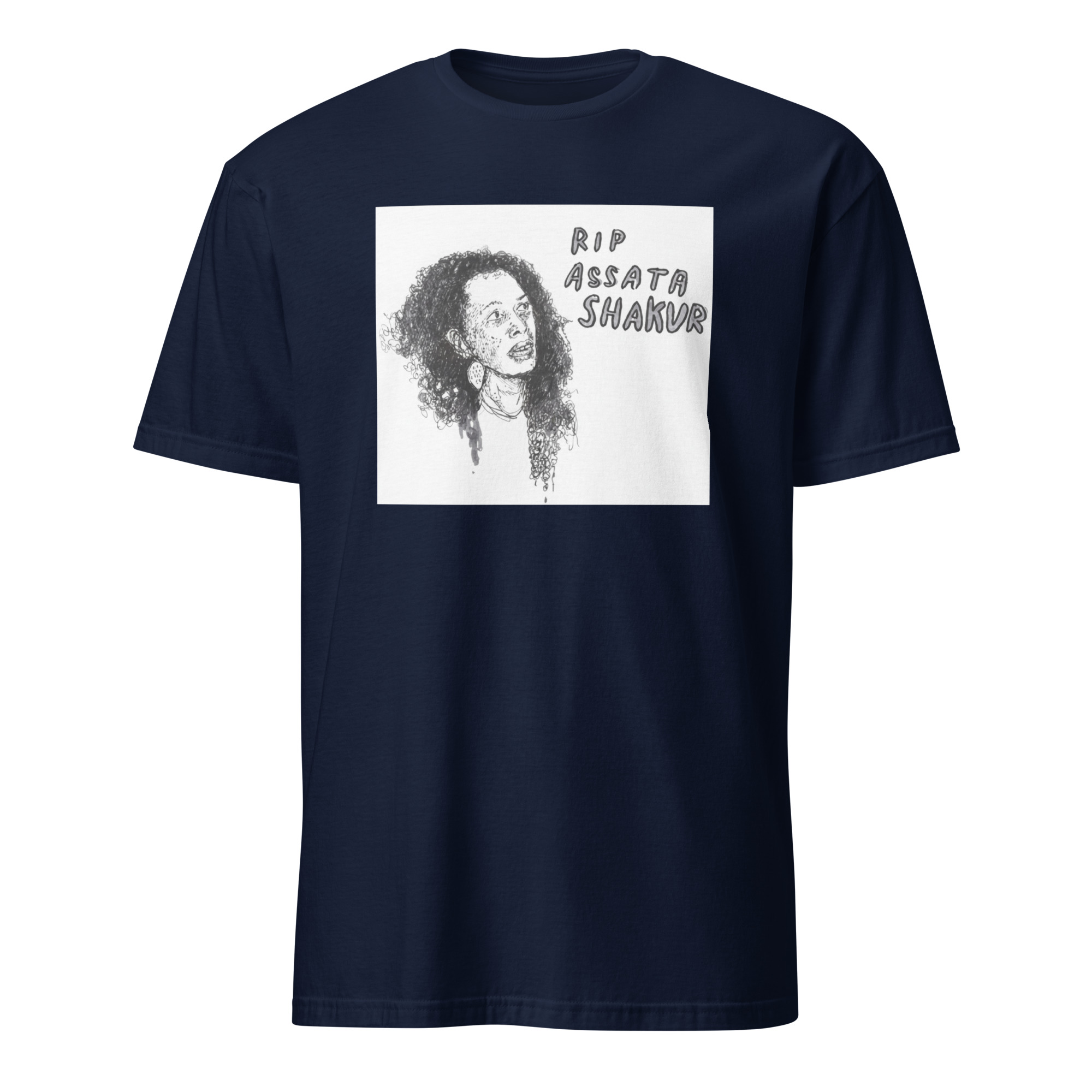 Assata Shakur shirt 2 Navy Assata Shakur shirt with bold activist design, Pan-African colors, and slogans symbolizing Black liberation and resistance.