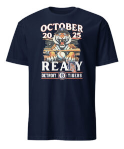 Detroit Tigers October Ready 2025 Mascot Shirt in navy with PAWS mascot and postseason design