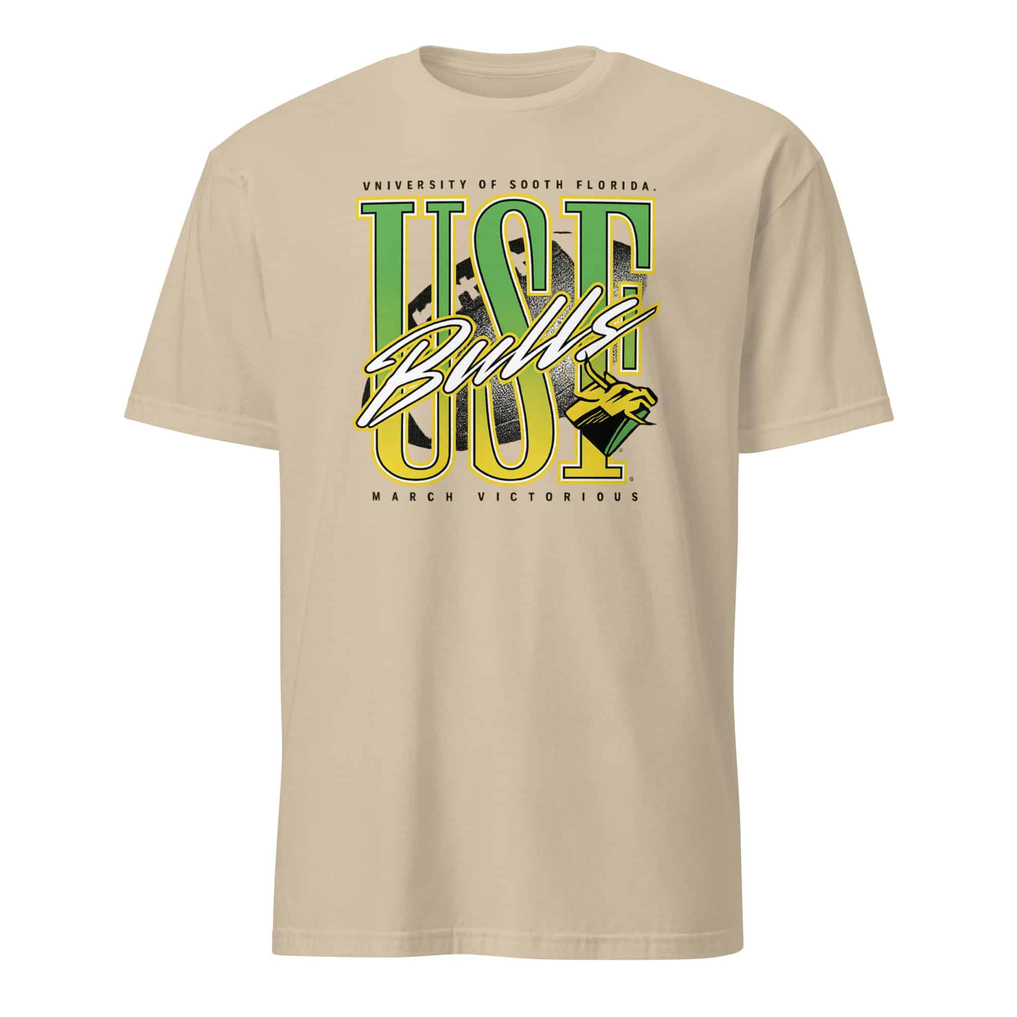 USF Bulls Football Match Victorious Neon Retro Shirt 2 Sand color USF Bulls Football Victorious Neon Retro Shirt featuring green and gold retro print, perfect for college football fans