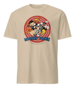 Playing Gracie Darling Looney Tunes Shirt in Sand color with retro cartoon lettering, soft cotton fabric, and durable oversized Y2K streetwear fit.