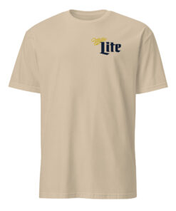 Front view of the Miller Lite Da Pope Shirt in sand color, showing the Pope holding a Miller Lite can in a viral parody meme design.