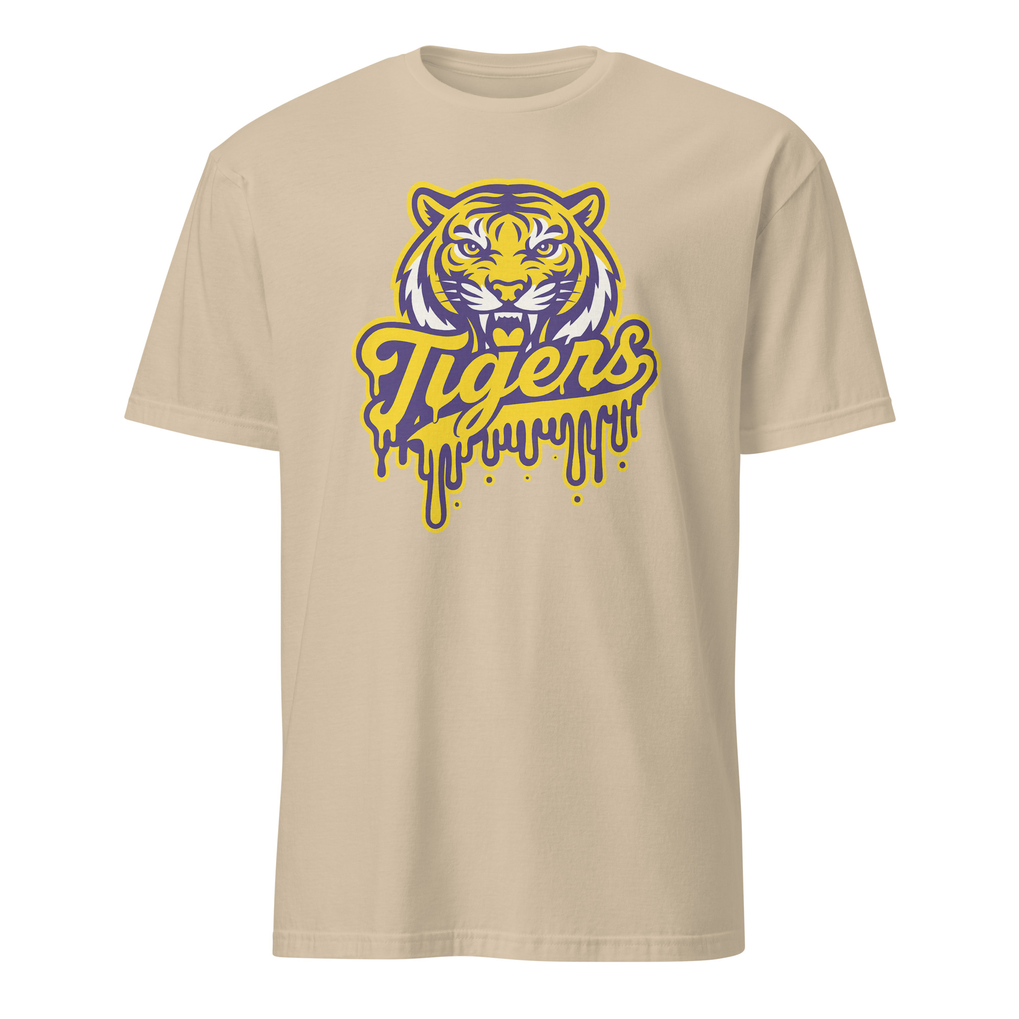 Tigers Mascot Drip Purple Yellow Gold Shirt 7 Tigers Mascot Drip Purple Yellow Gold Shirt on sand background for school spirit and trendy streetwear