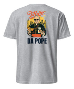 Back view of the Miller Lite Da Pope Shirt in sport grey, plain rear side of the viral parody meme t-shirt.