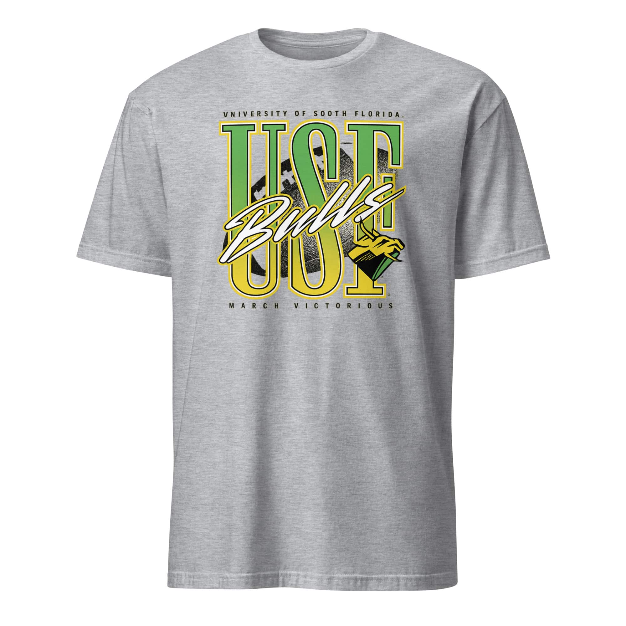 USF Bulls Football Match Victorious Neon Retro Shirt 5 Sport grey USF Bulls Football Victorious Neon Retro Shirt with green and gold retro graphics, perfect for game day fans