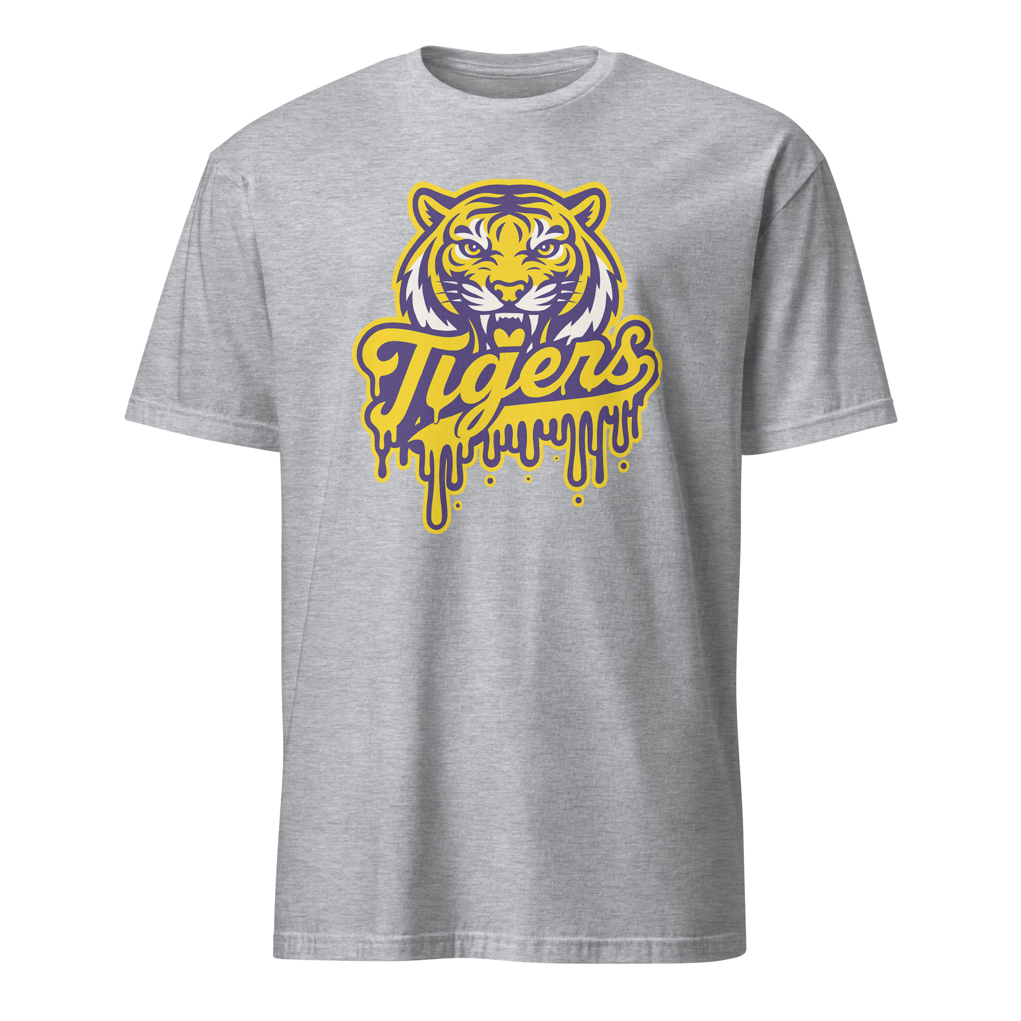 Tigers Mascot Drip Purple Yellow Gold Shirt 9 Tigers Mascot Drip Purple Yellow Gold Shirt on sport grey background for game day and casual streetwear