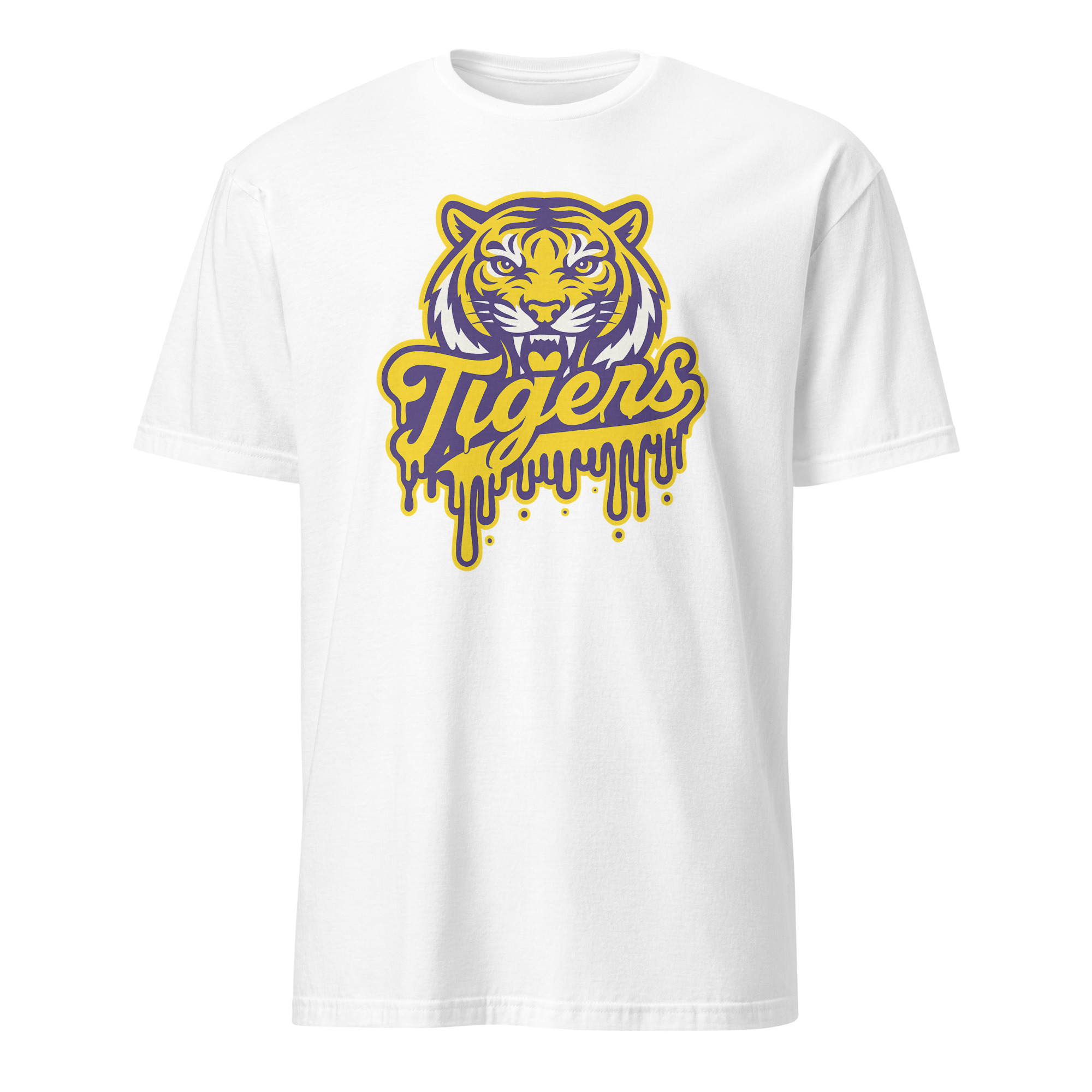Tigers Mascot Drip Purple Yellow Gold Shirt 12 Tigers Mascot Drip Purple Yellow Gold Shirt on white background for sports fans and casual streetwear