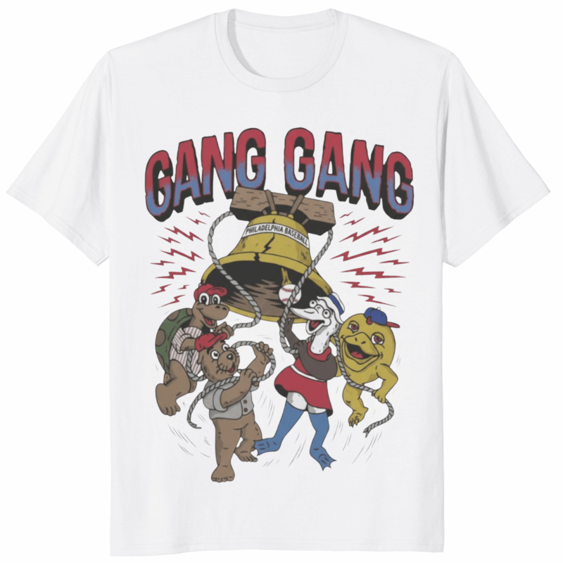 gang gang cartoon characters cracked bell philly shirt in white