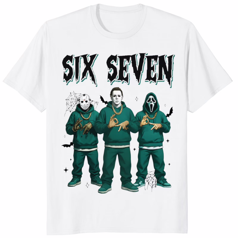 Jason Voorhees Michael Myers Ghostface Six Seven Meme Shirt 8 Jason Voorhees Michael Myers Ghostface Six Seven Meme Shirt white t-shirt mockup