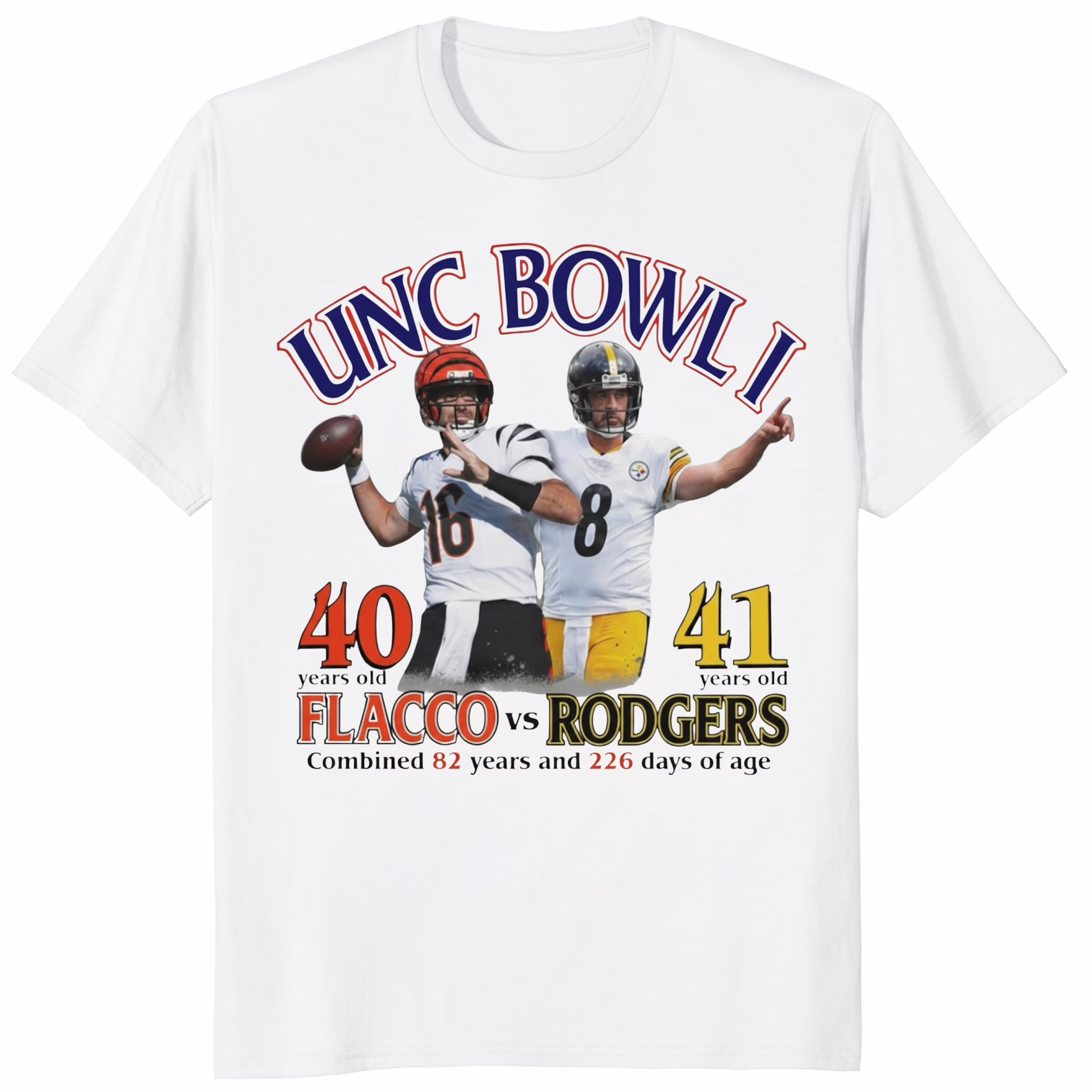 Joe Flacco and Aaron Rodgers UNC Bowl 40 Years Shirt 1 Joe Flacco and Aaron Rodgers UNC Bowl 40 Years Shirt white t-shirt mockup