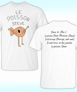 Le Poisson Steve Shirt Double-Sided White – Funny French fish meme t-shirt front and back in classic white cotton