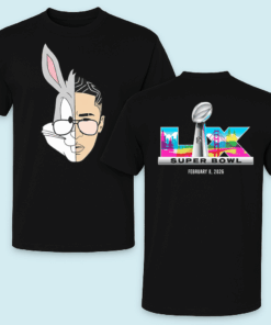 Official Bad Bunny Super Bowl 2026 Logo Shirt black double-sided view