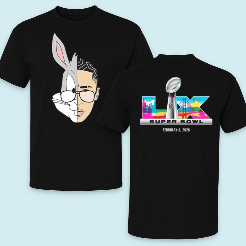 Official Bad Bunny Super Bowl 2026 Logo Shirt 24 Official Bad Bunny Super Bowl 2026 Logo Shirt black double-sided view