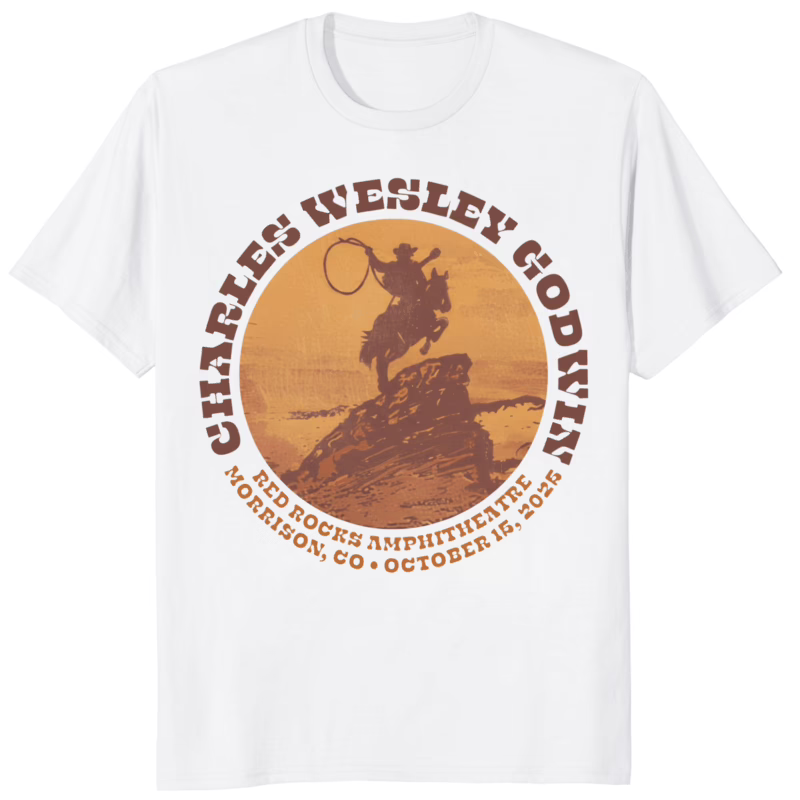 Red Rocks Charles Wesley Godwin 10-15-2025 shirt 10 Red Rocks Charles Wesley Godwin 10-15-2025 Shirt white color mockup