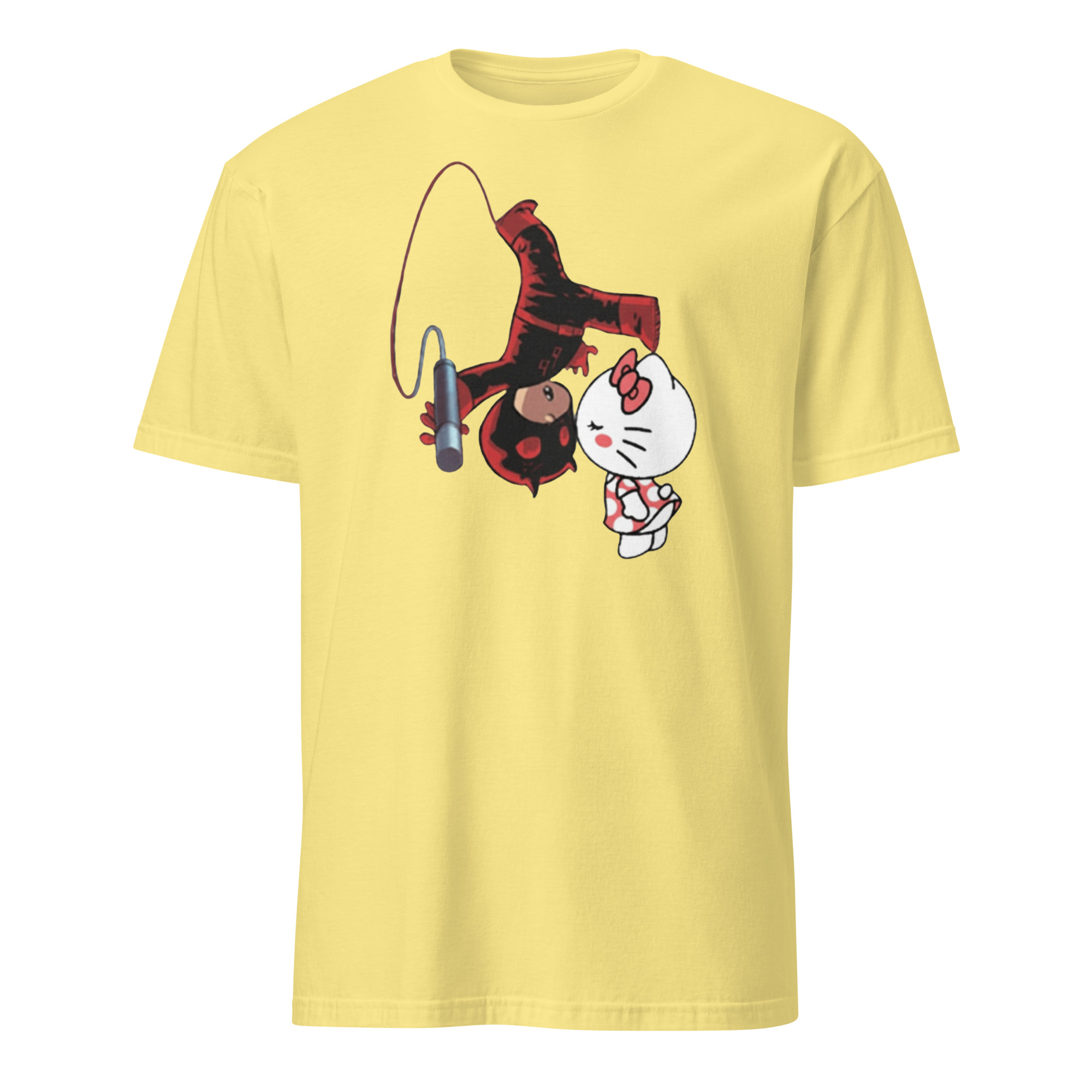 Daredevil Hello Kitty Kissing Shirt 7 Daredevil Hello Kitty Kissing Shirt cornsilk – light yellow pop culture mashup t-shirt for streetwear fans