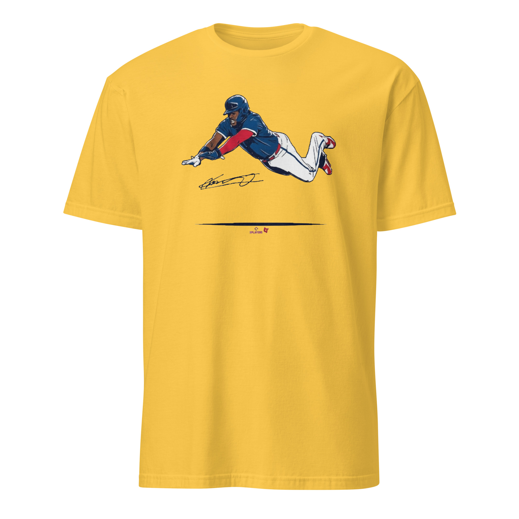 Vladimir Guerrero Jr Super Vlad Flying Slide Shirt 2 Vladimir Guerrero Jr Super Vlad Flying Slide Shirt in Daisy Yellow
