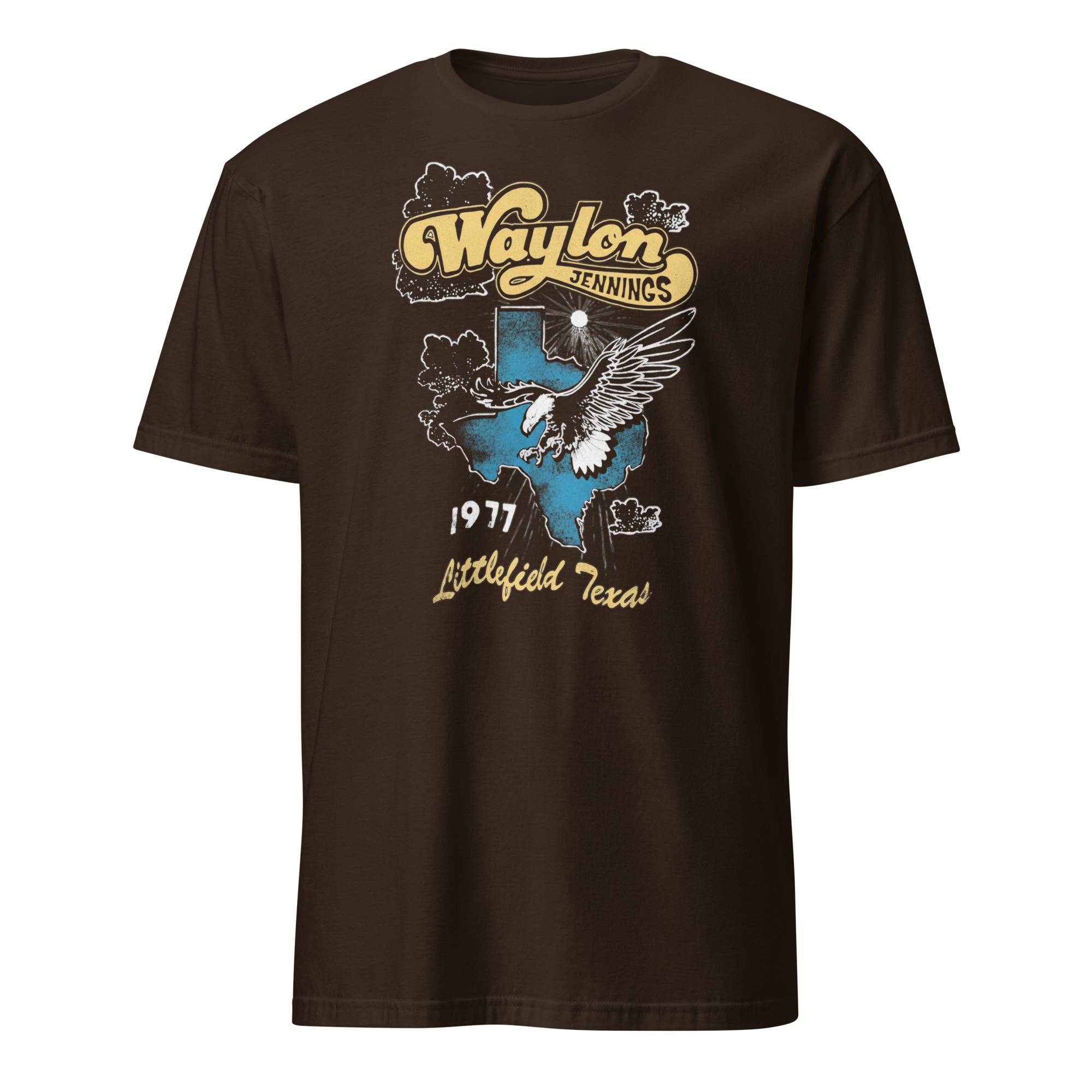 Waylon Jennings Daydreamer Littlefield Texas 1977 Shirt 3 Waylon Jennings Daydreamer Littlefield Texas 1977 dark chocolate shirt with retro Texas and 1977 graphic.