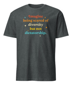 Dark heather grey diversity and dictatorship irony shirt