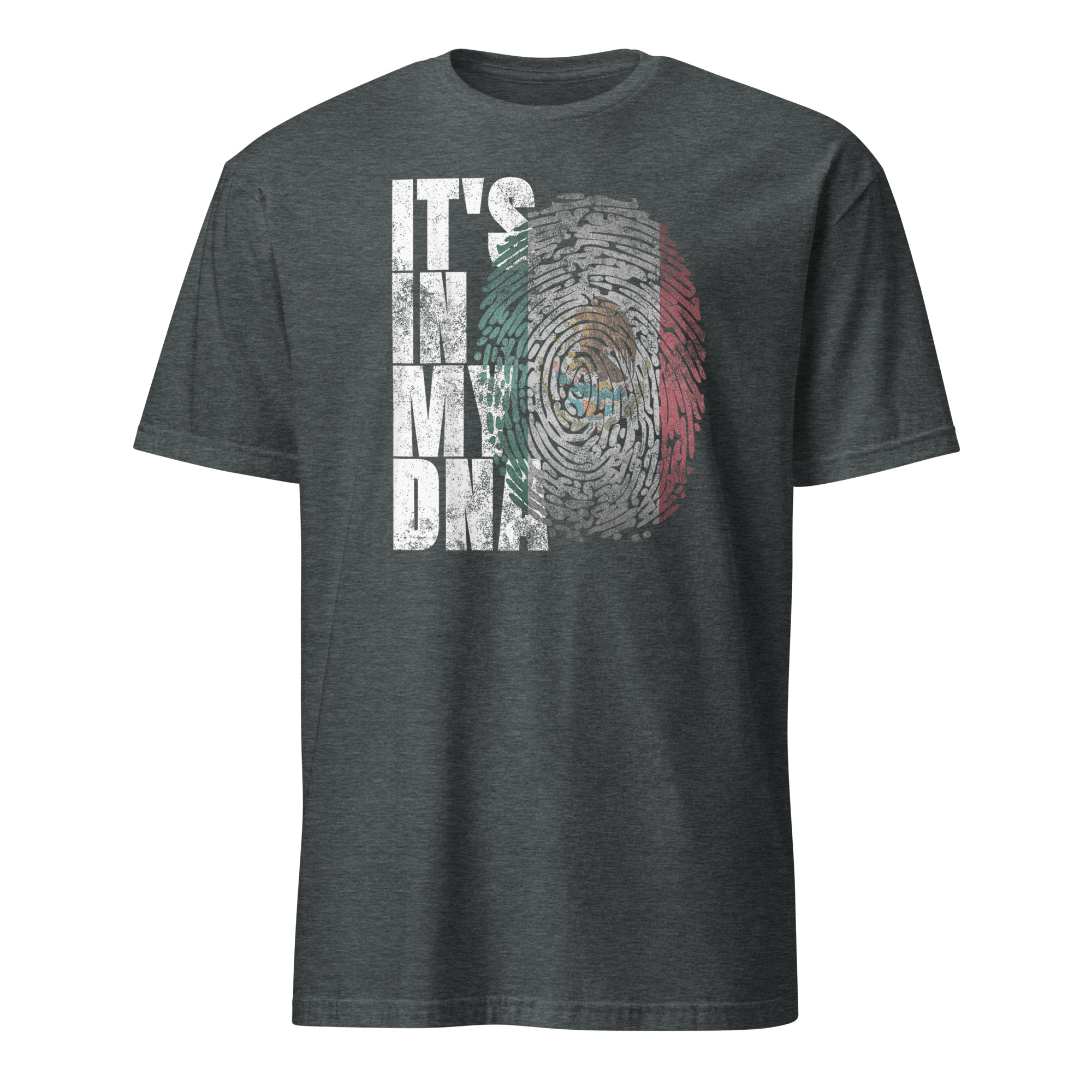 Its In DNA Mexican Shirt 4 Its In DNA Mexican Shirt dark heather variant showing tricolor Mexican fingerprint pattern