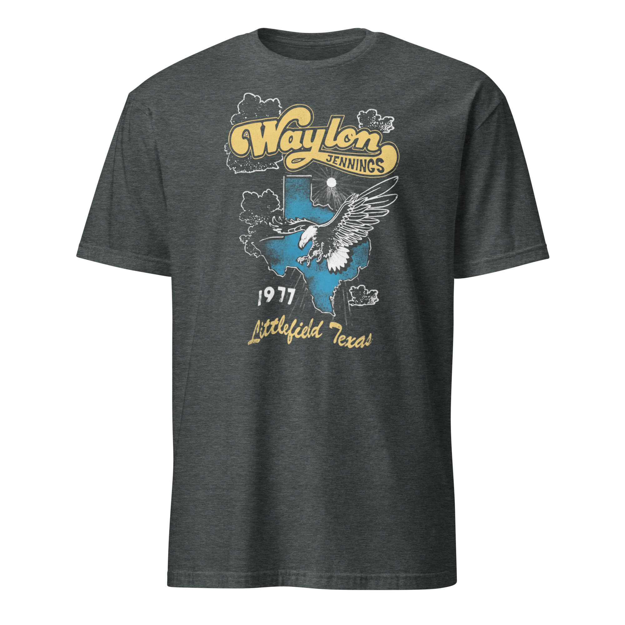 Waylon Jennings Daydreamer Littlefield Texas 1977 Shirt 4 Waylon Jennings Daydreamer Littlefield Texas 1977 dark heather shirt featuring distressed Texas print.