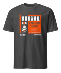 Gunnar Henderson Old Bay Can Shirt 11 Gunnar Henderson Old Bay Can Shirt dark heather grey Maryland baseball tee