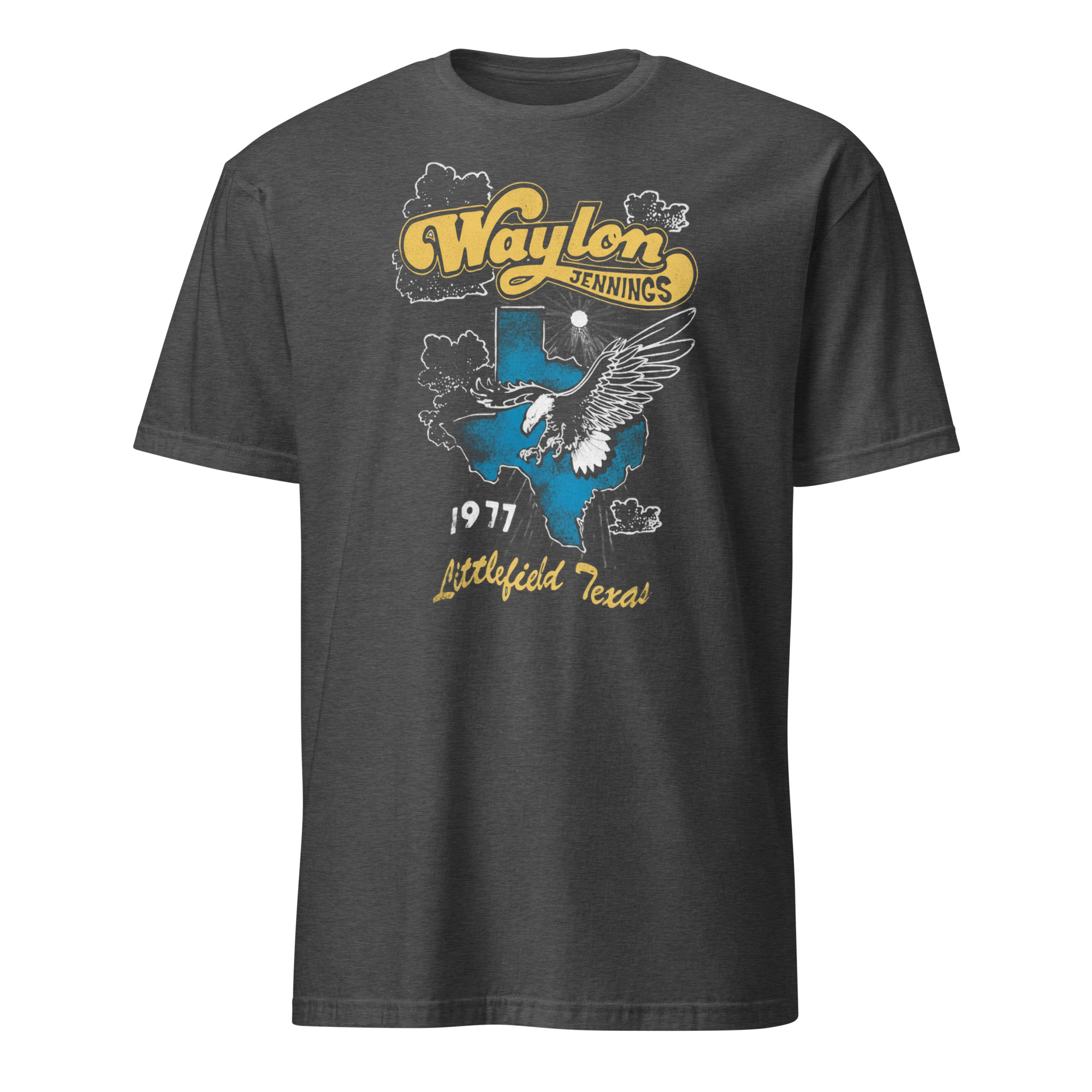 Waylon Jennings Daydreamer Littlefield Texas 1977 Shirt 6 Waylon Jennings Daydreamer Littlefield Texas 1977 dark heather grey shirt featuring faded Texas outline graphic.
