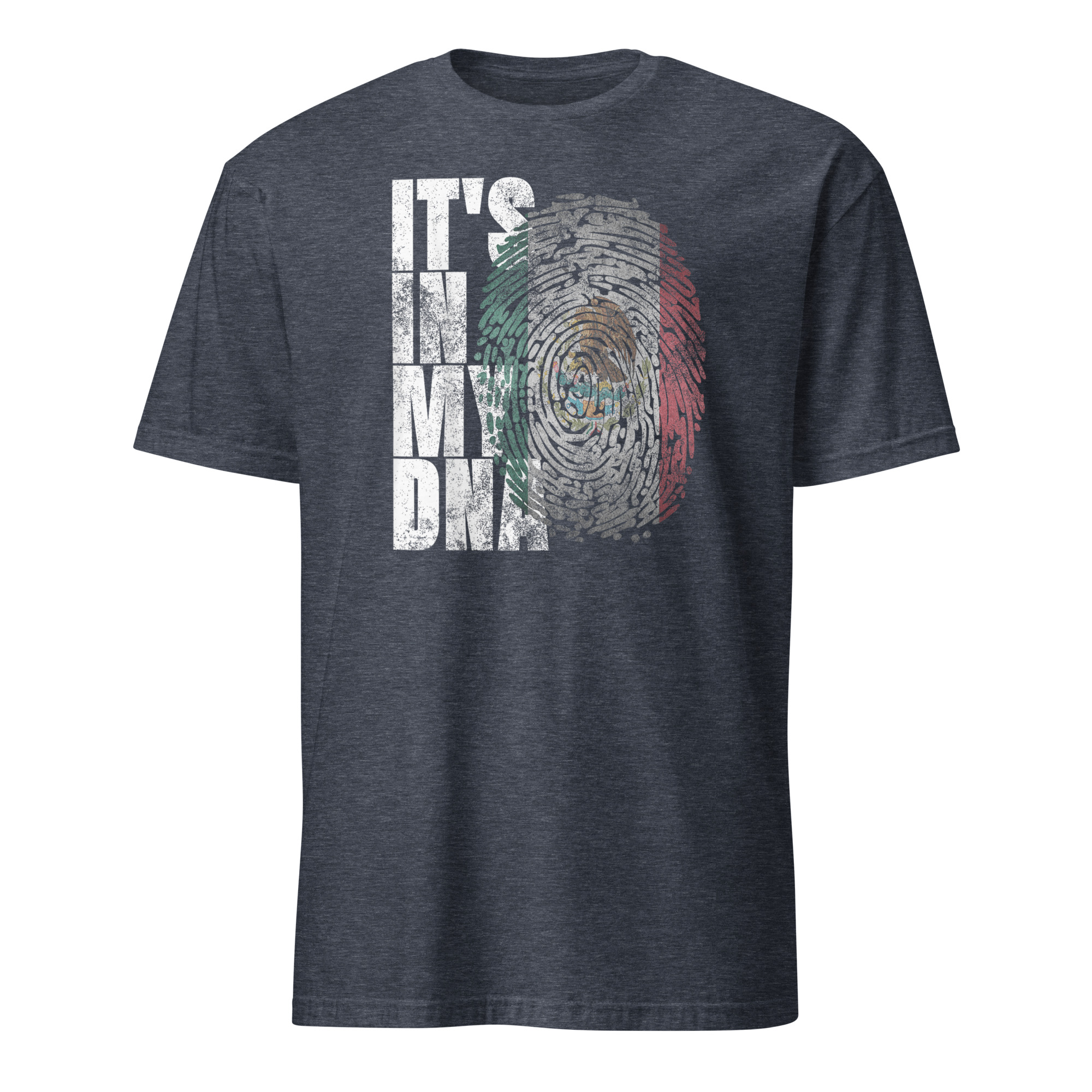Its In DNA Mexican Shirt 5 Its In DNA Mexican Shirt heather navy with Mexico heritage fingerprint graphic