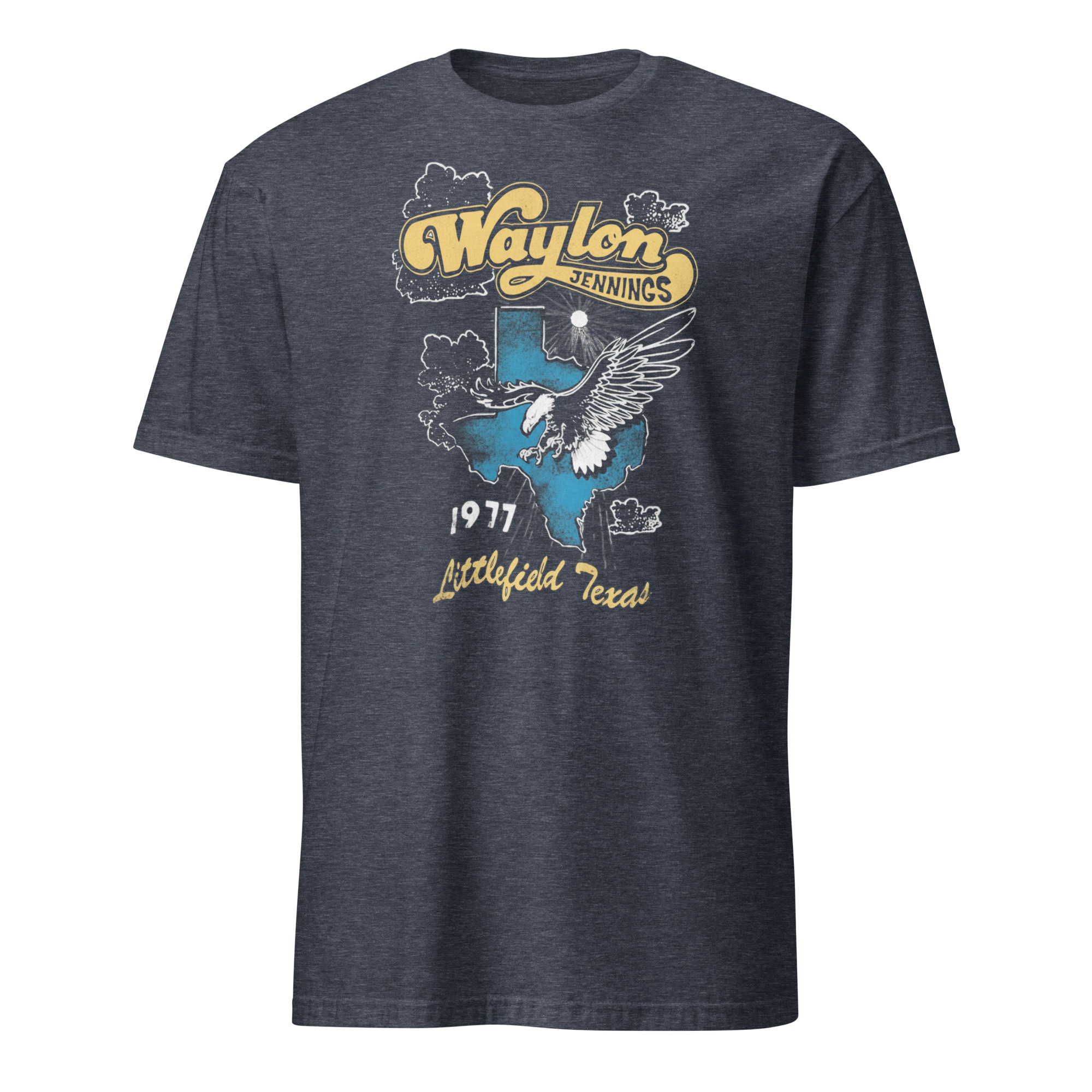 Waylon Jennings Daydreamer Littlefield Texas 1977 Shirt 5 Waylon Jennings Daydreamer Littlefield Texas 1977 heather navy shirt with soft texture and retro music design.