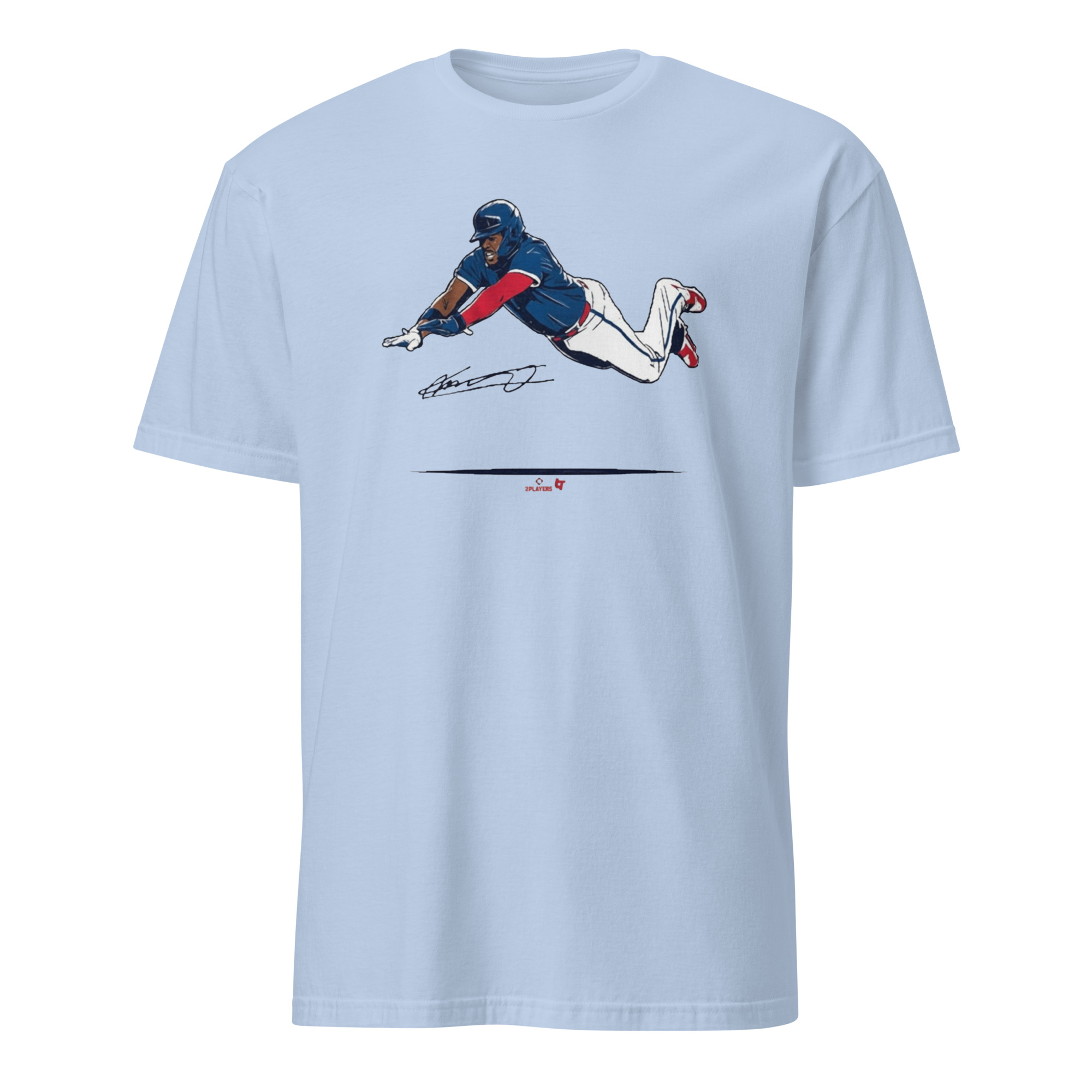 Vladimir Guerrero Jr Super Vlad Flying Slide Shirt 3 Vladimir Guerrero Jr Super Vlad Flying Slide Shirt in Light Blue