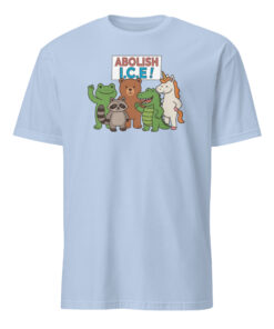 Light Blue Abolish ICE Protest Shirt with Unicorn and Dinosaur Graphics