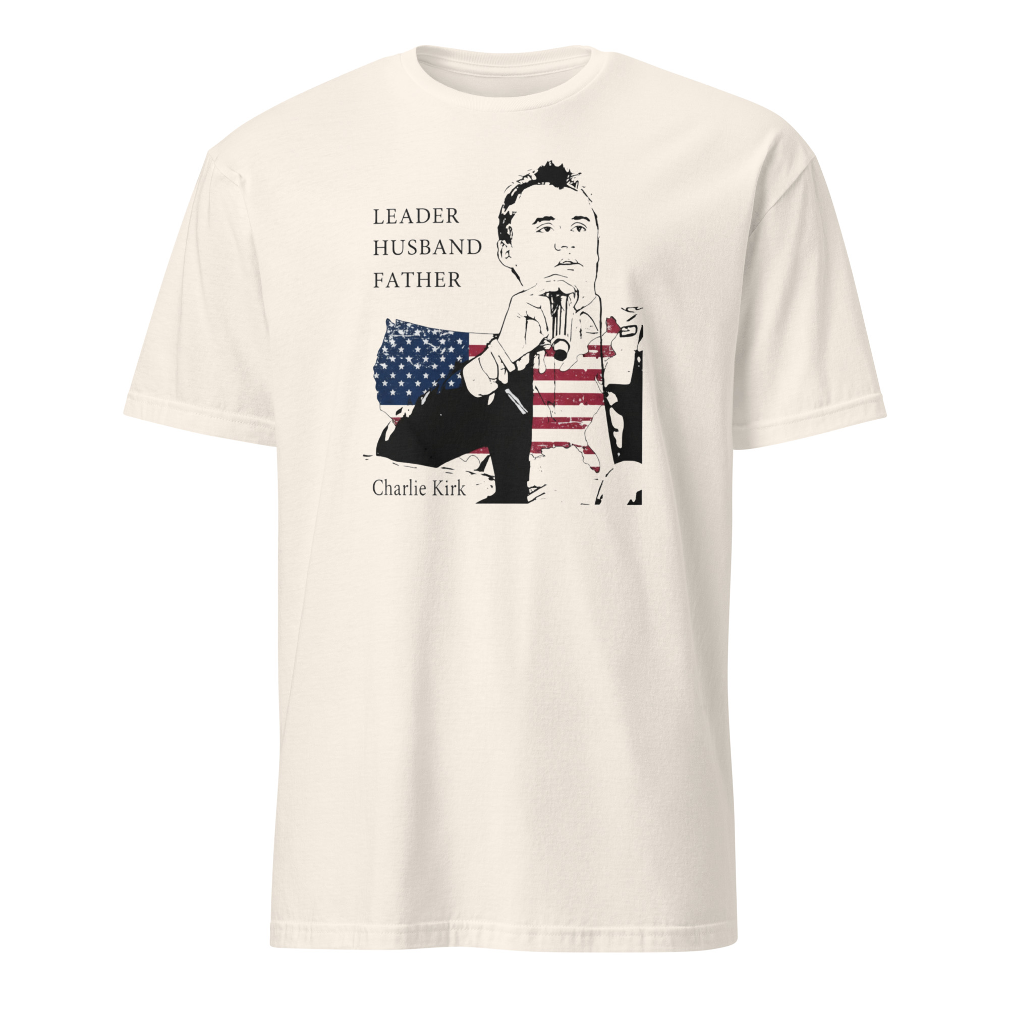 Charlie Kirk Leader Husband Father America Shirt 6 Charlie Kirk Leader Husband Father America Shirt sand color patriotic apparel.