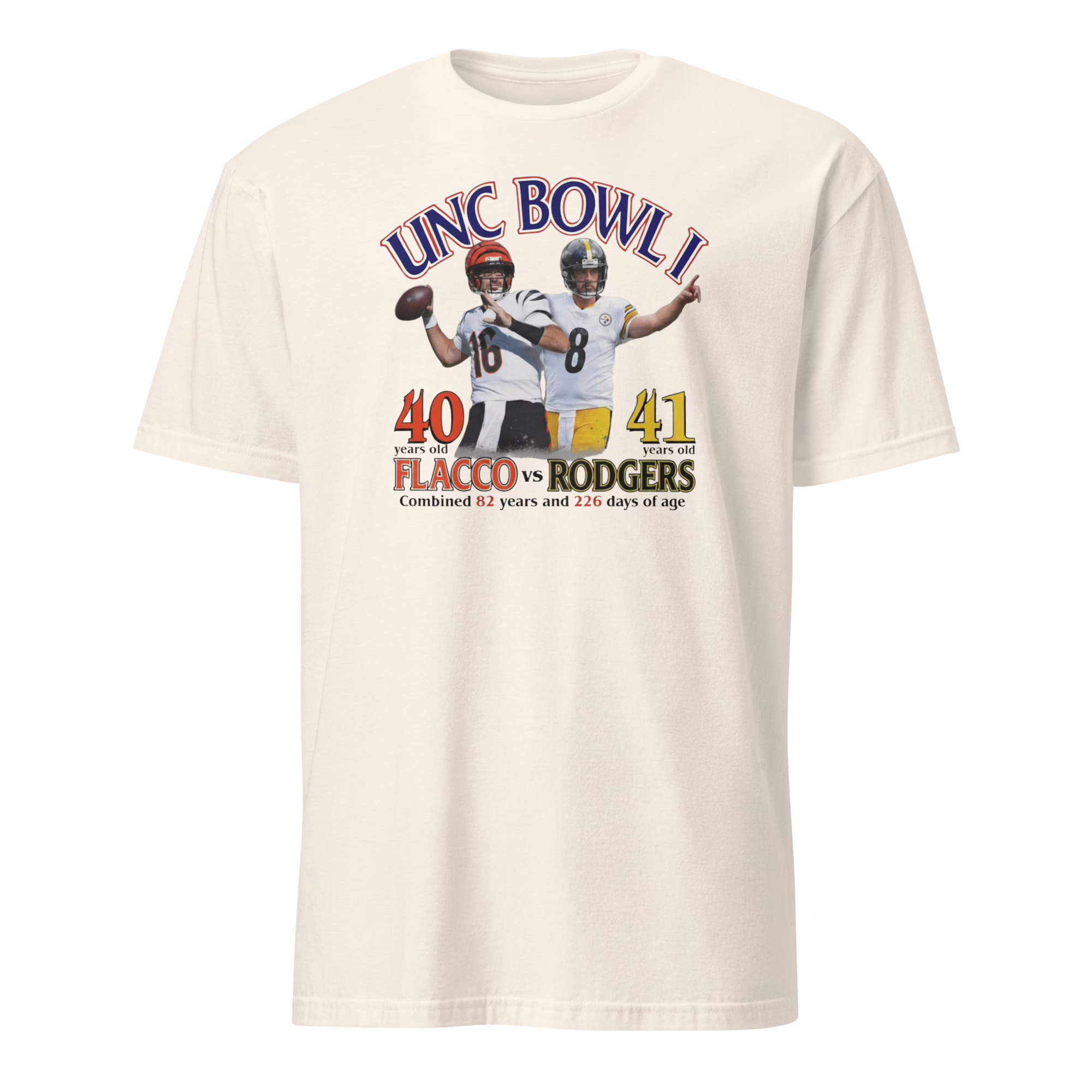 Joe Flacco and Aaron Rodgers UNC Bowl 40 Years Shirt 4 Joe Flacco and Aaron Rodgers UNC Bowl 40 Years Shirt natural t-shirt mockup