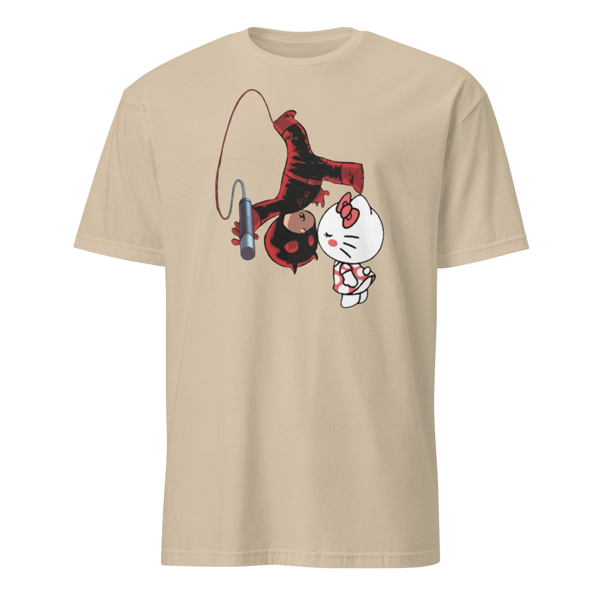 Daredevil Hello Kitty Kissing Shirt 2 Daredevil Hello Kitty Kissing Shirt sand – unisex soft cotton mashup tee combining cute and edgy