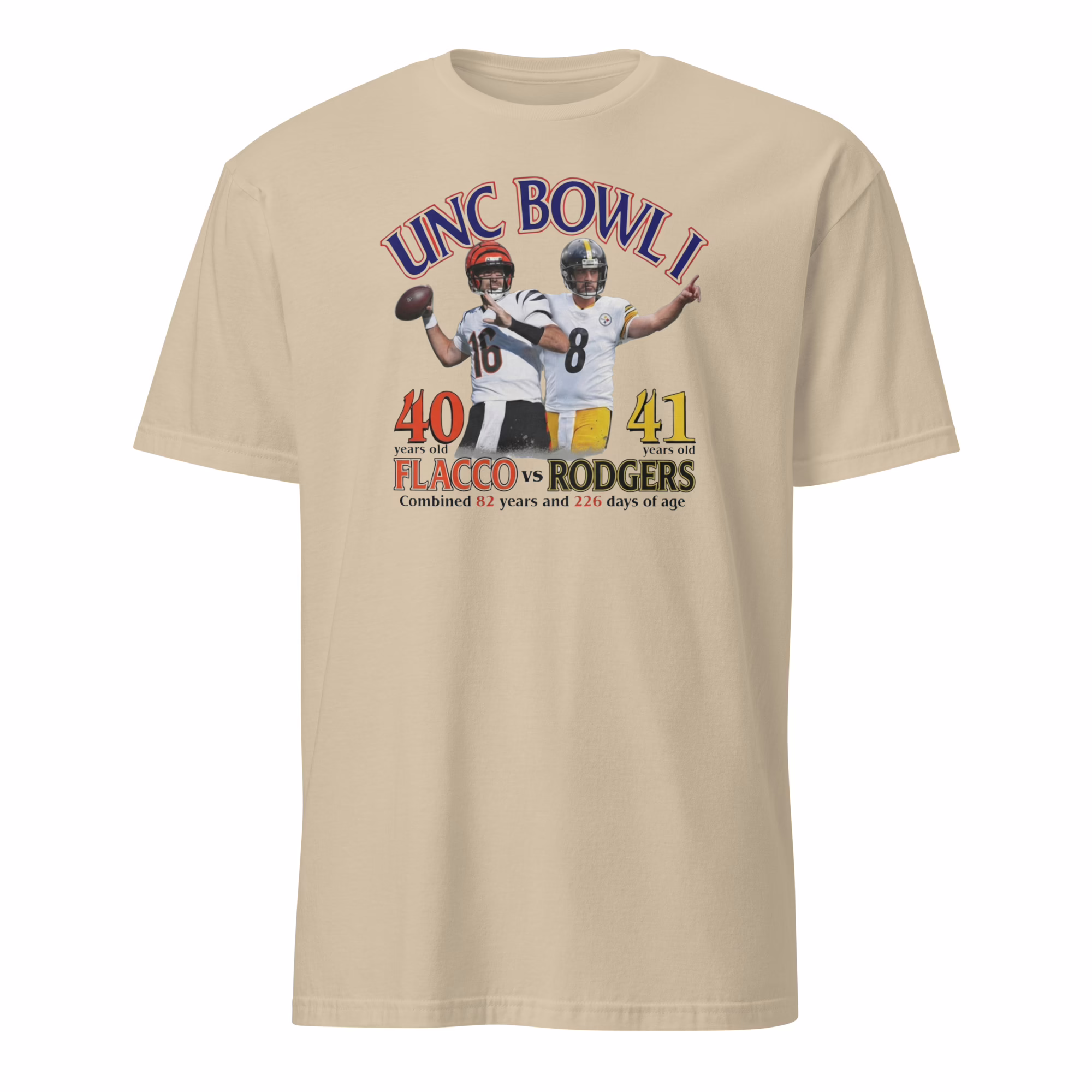 Joe Flacco and Aaron Rodgers UNC Bowl 40 Years Shirt 2 Joe Flacco and Aaron Rodgers UNC Bowl 40 Years Shirt sand color t-shirt mockup