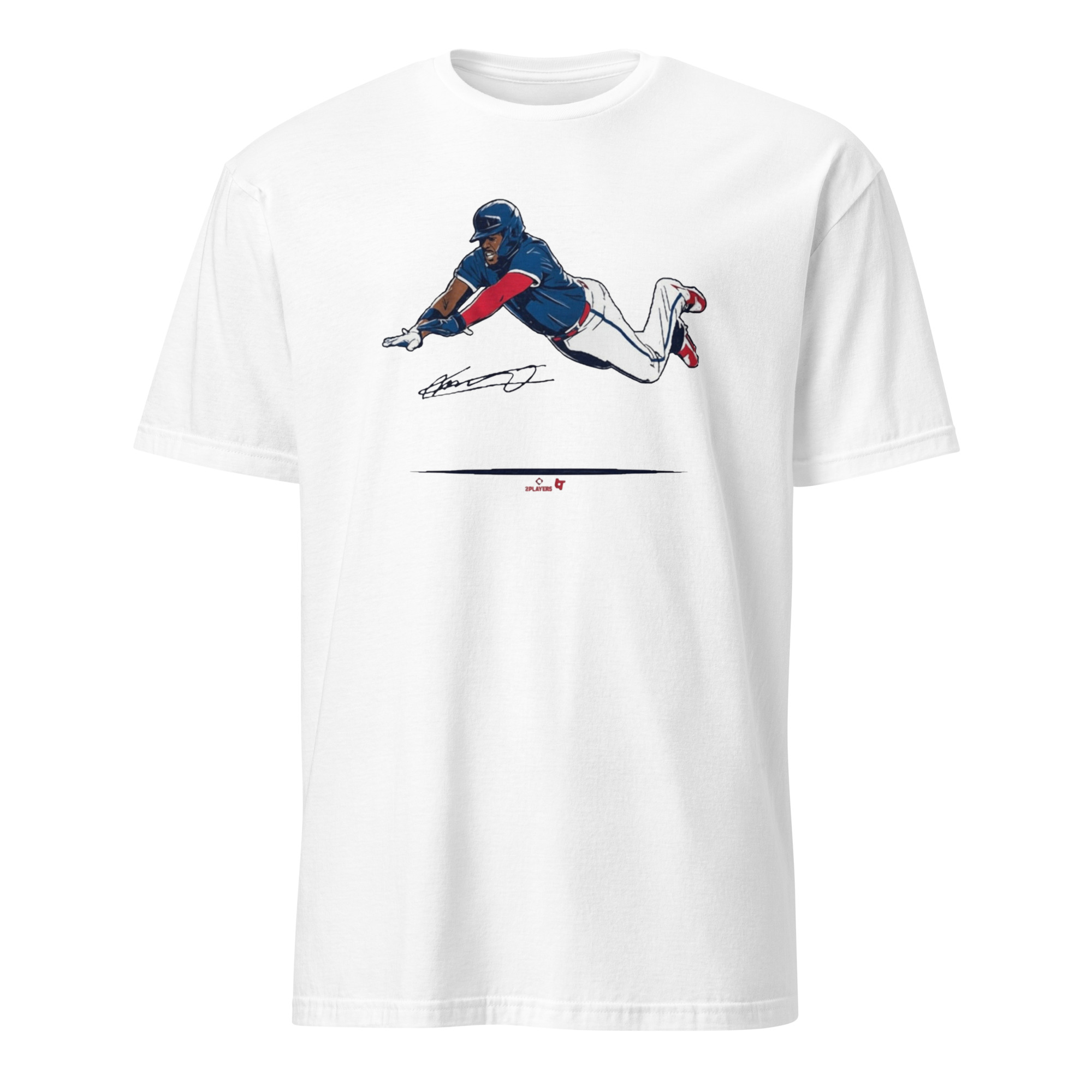 Vladimir Guerrero Jr Super Vlad Flying Slide Shirt 8 Vladimir Guerrero Jr Super Vlad Flying Slide Shirt in White
