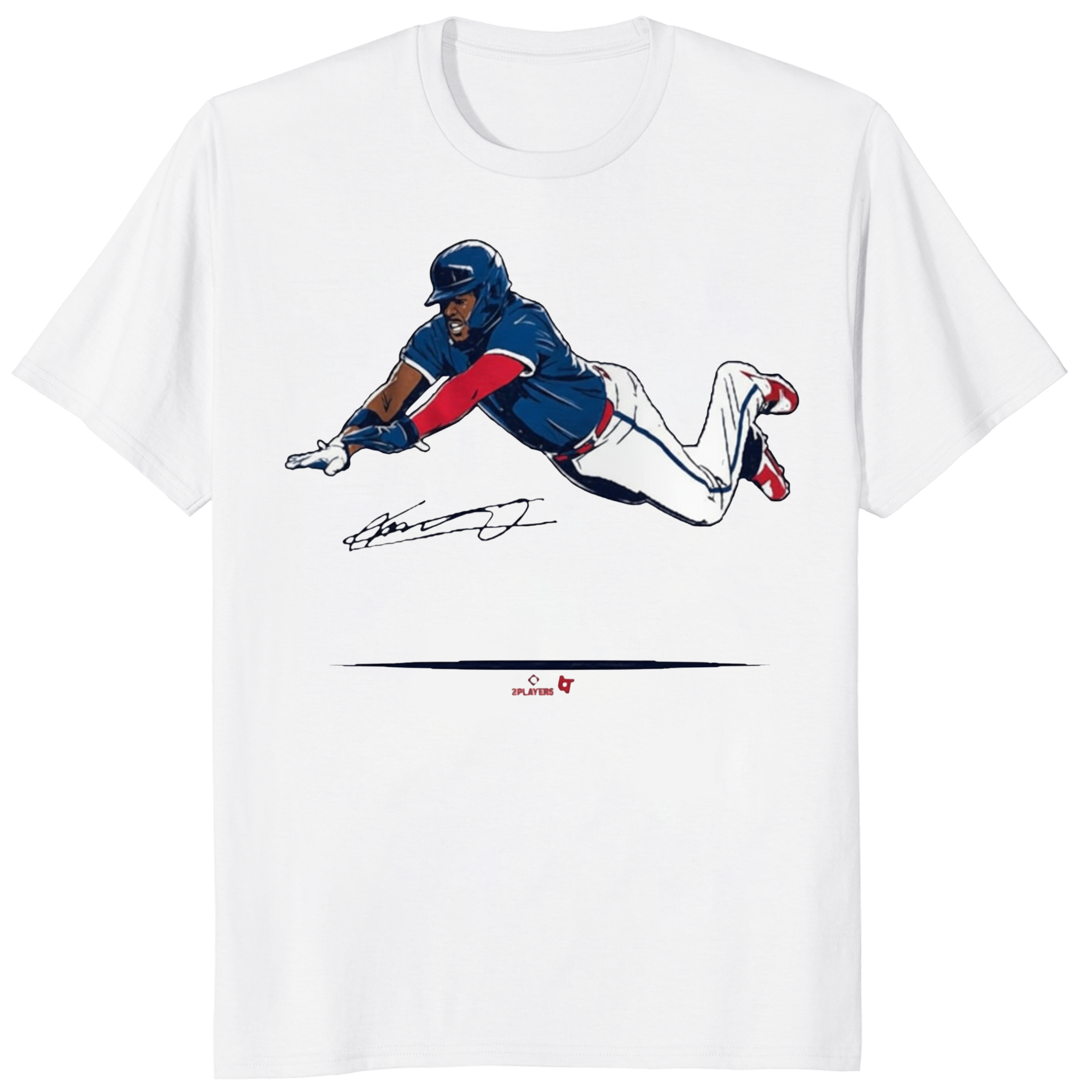 Vladimir Guerrero Jr Super Vlad Flying Slide Shirt 1 Vladimir Guerrero Jr Super Vlad Flying Slide Shirt in White