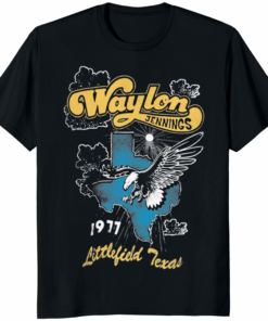Waylon Jennings Daydreamer Littlefield Texas 1977 black shirt with vintage Texas print and 1977 typography.