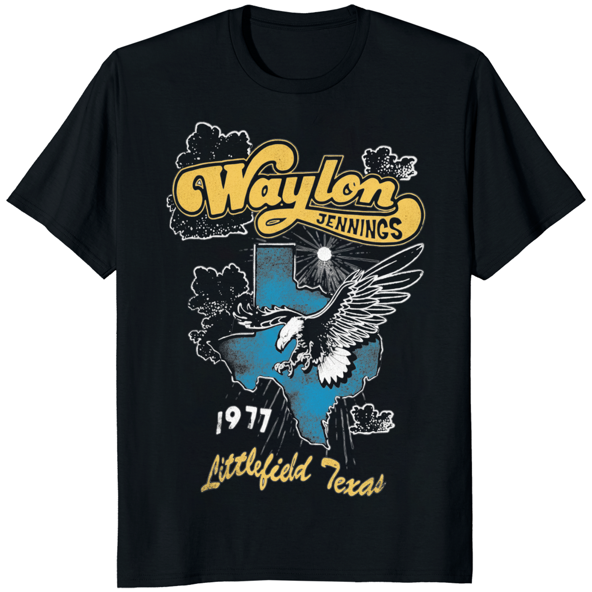 Waylon Jennings Daydreamer Littlefield Texas 1977 Shirt 1 Waylon Jennings Daydreamer Littlefield Texas 1977 black shirt with vintage Texas print and 1977 typography.