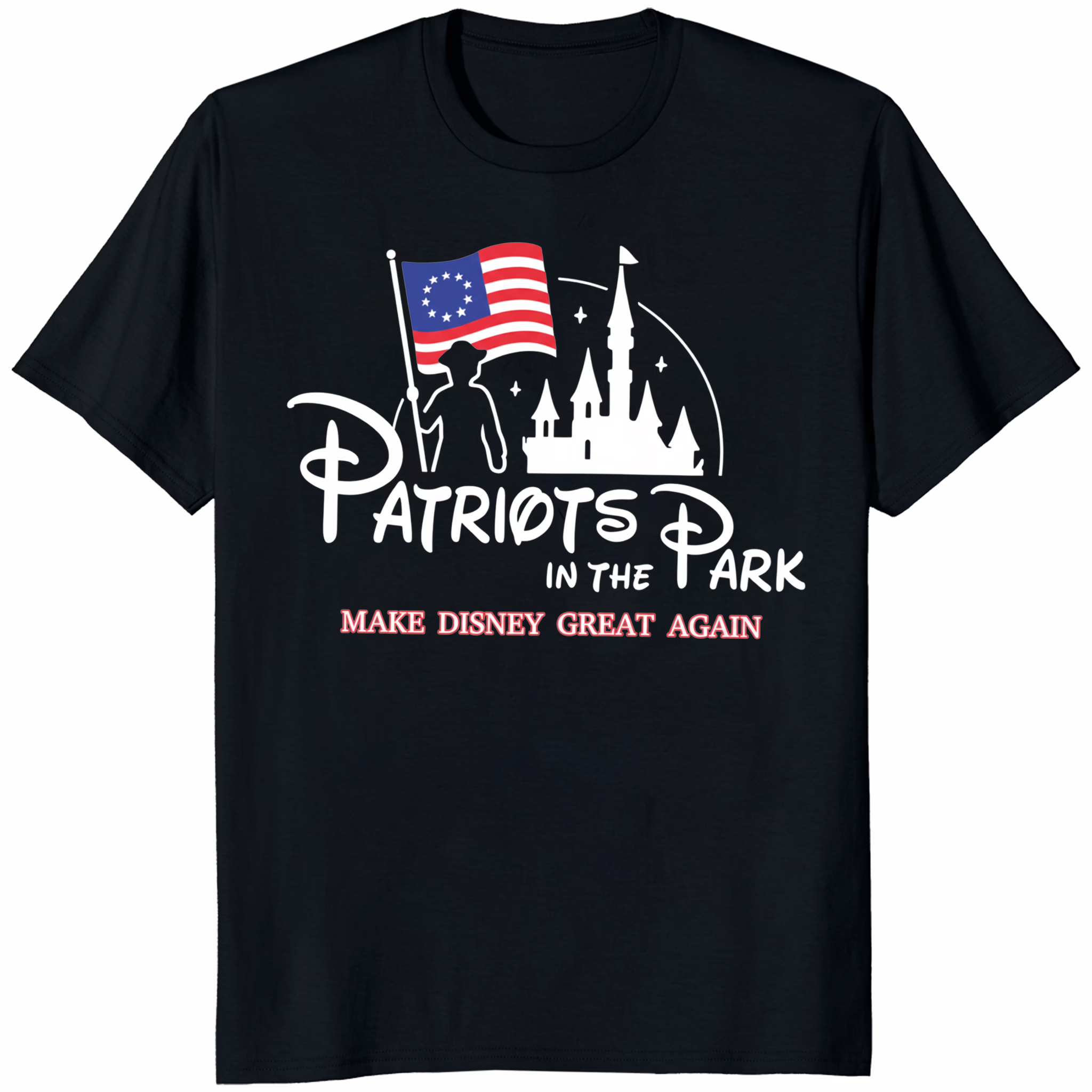Patriots In The Park Make Disney Great Again Shirt 1 Black 100% cotton Patriots In The Park Make Disney Great Again Shirt mockup, classic tee with bold patriotic print.