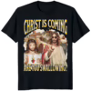 Black Christ Is Coming Are You Swallowing Shirt mockup. Dark, unhinged graphic tee in premium cotton.