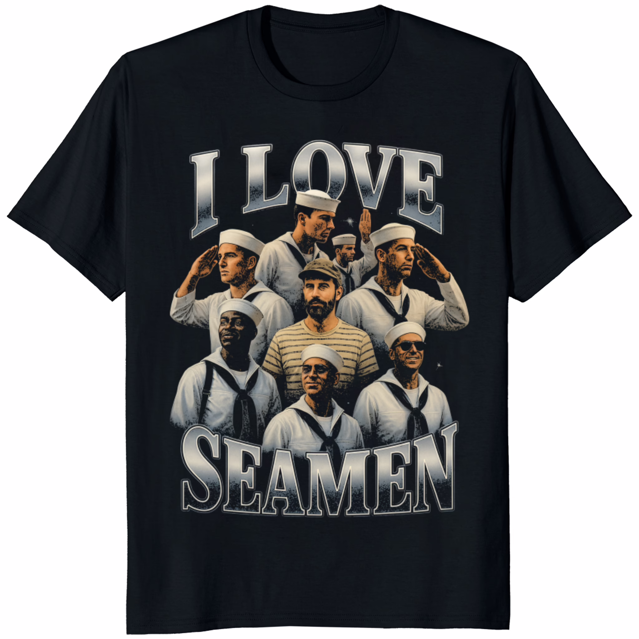 I Love Seamen Shirt 1 Close-up mockup of the I Love Seamen Shirt in Black, highlighting the crisp white text graphic.