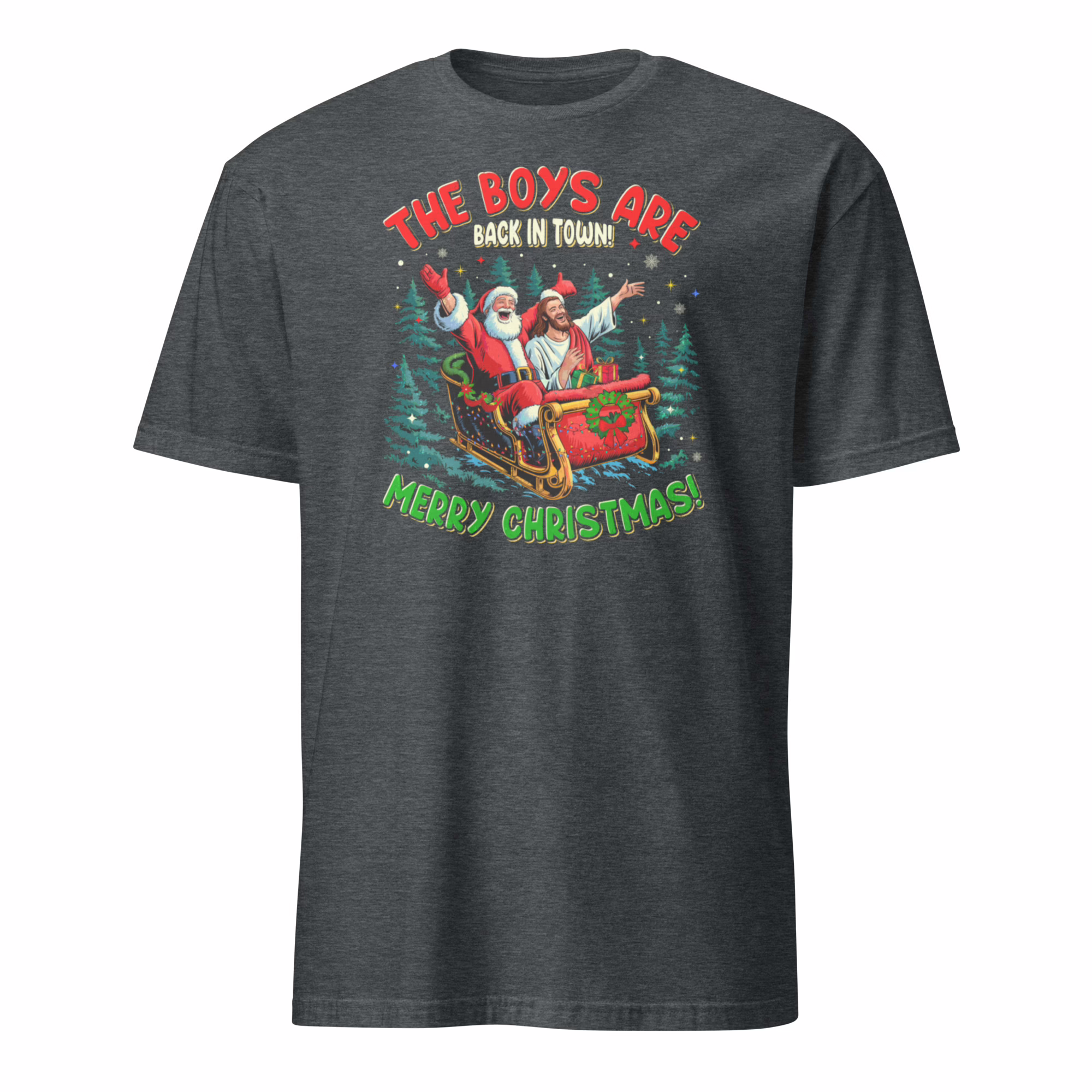 Santa Jesus The Boys Are Back In Town Christmas Shirt 3 Heather Grey Santa Jesus The Boys Are Back In Town Christmas Shirt mockup, showing a light, mottled grey t-shirt with a dark, high-quality print.