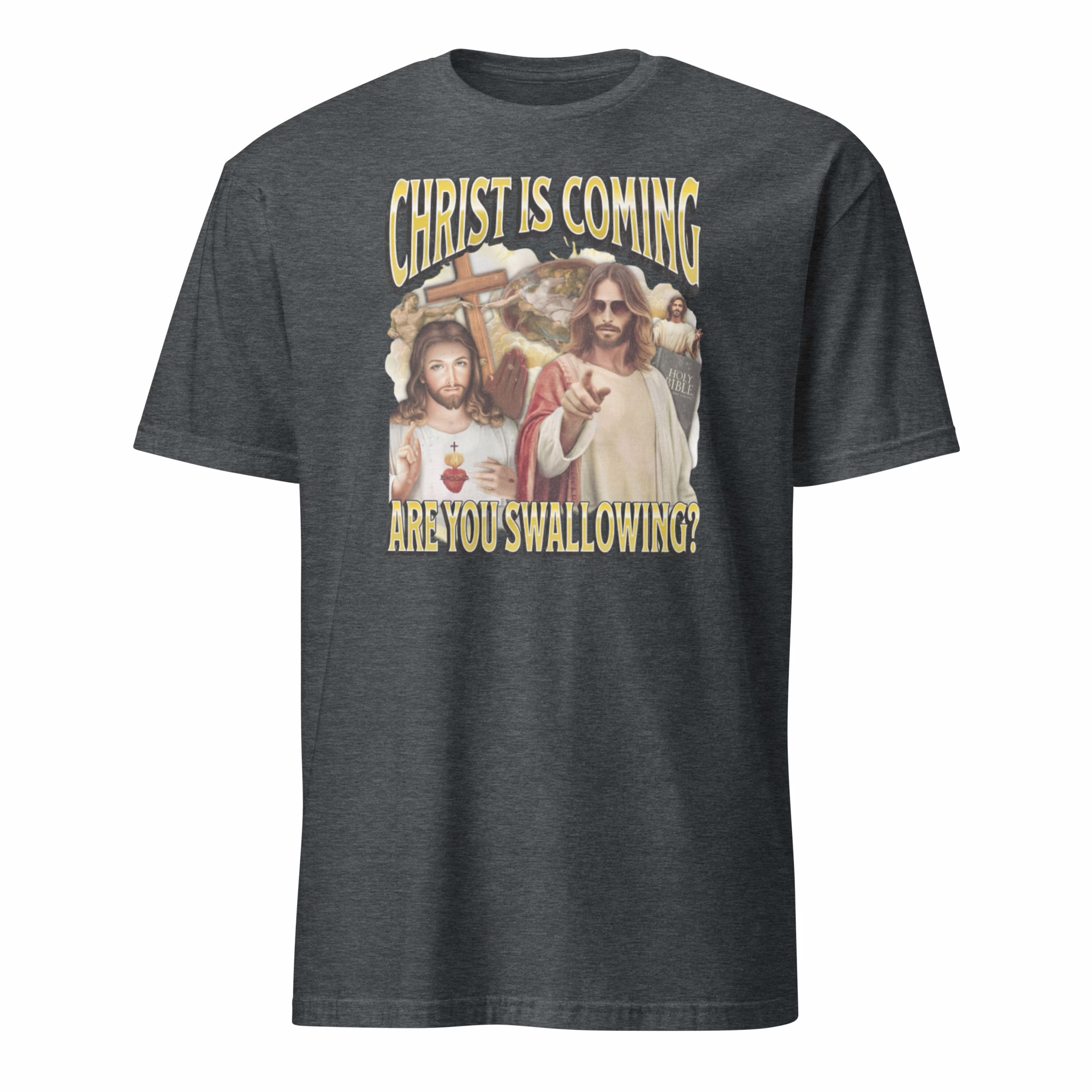 Christ Is Coming Are You Swallowing Shirt 3 Heather Grey I Love Seamen Shirt mockup, showing the comfortable cotton/polyester blend texture.