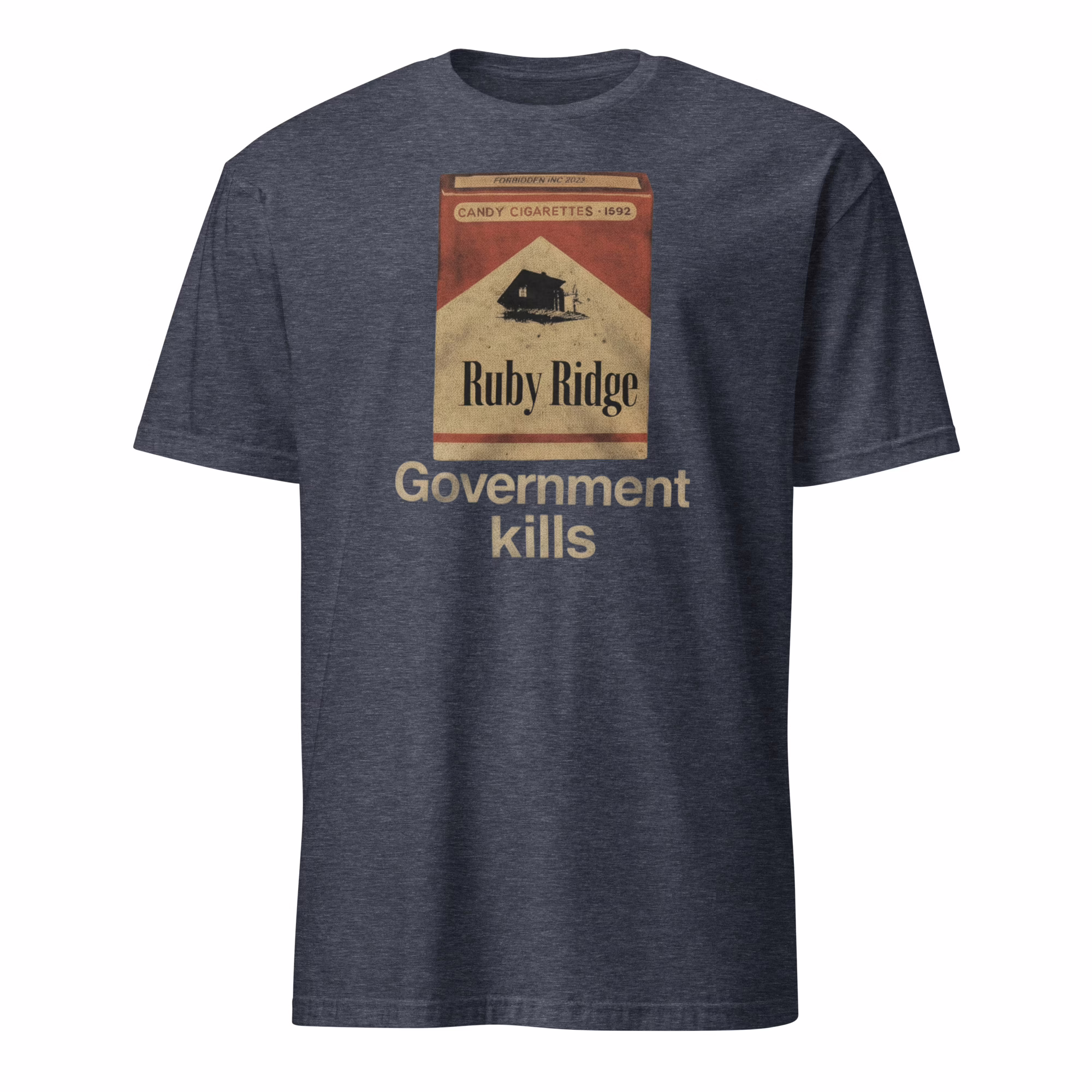 Government Kills Ruby Ridge Candy Cigarettes Shirt 4 government-kills-ruby-ridge-candy-cigarettes-shirt heather navy tee mockup