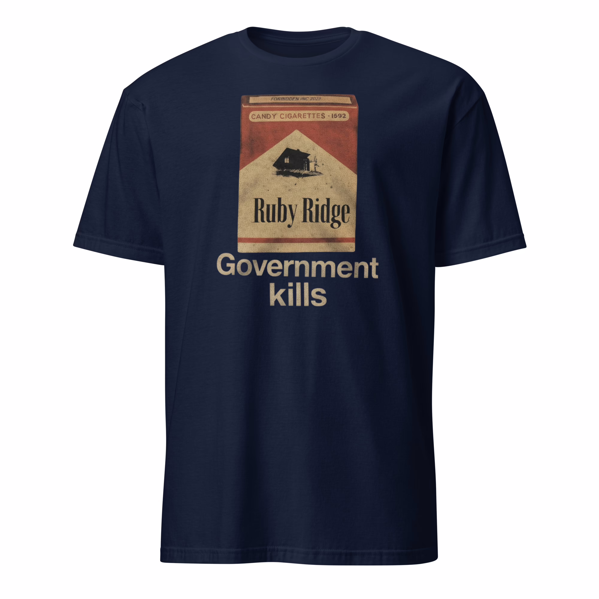 Government Kills Ruby Ridge Candy Cigarettes Shirt 2 government-kills-ruby-ridge-candy-cigarettes-shirt navy color tee mockup